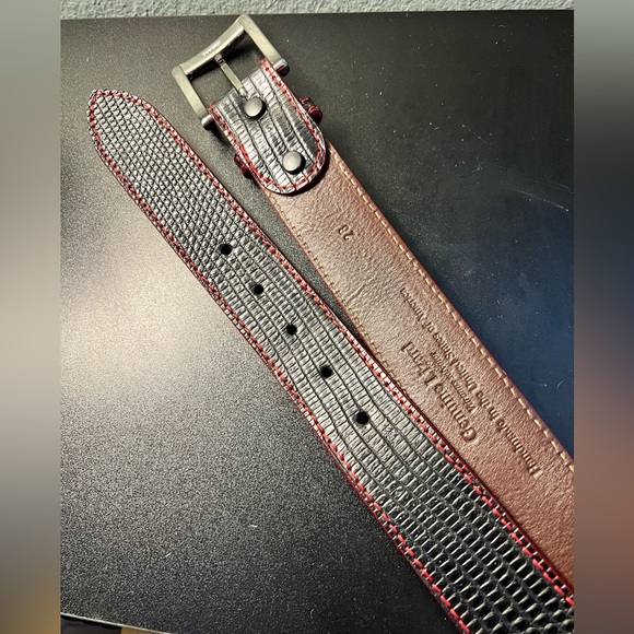 PATRICK GIBBONS  Genuine LIZZARD Handmade Leather Belt Black Red Sz 28 Brass - Picture 2 of 11